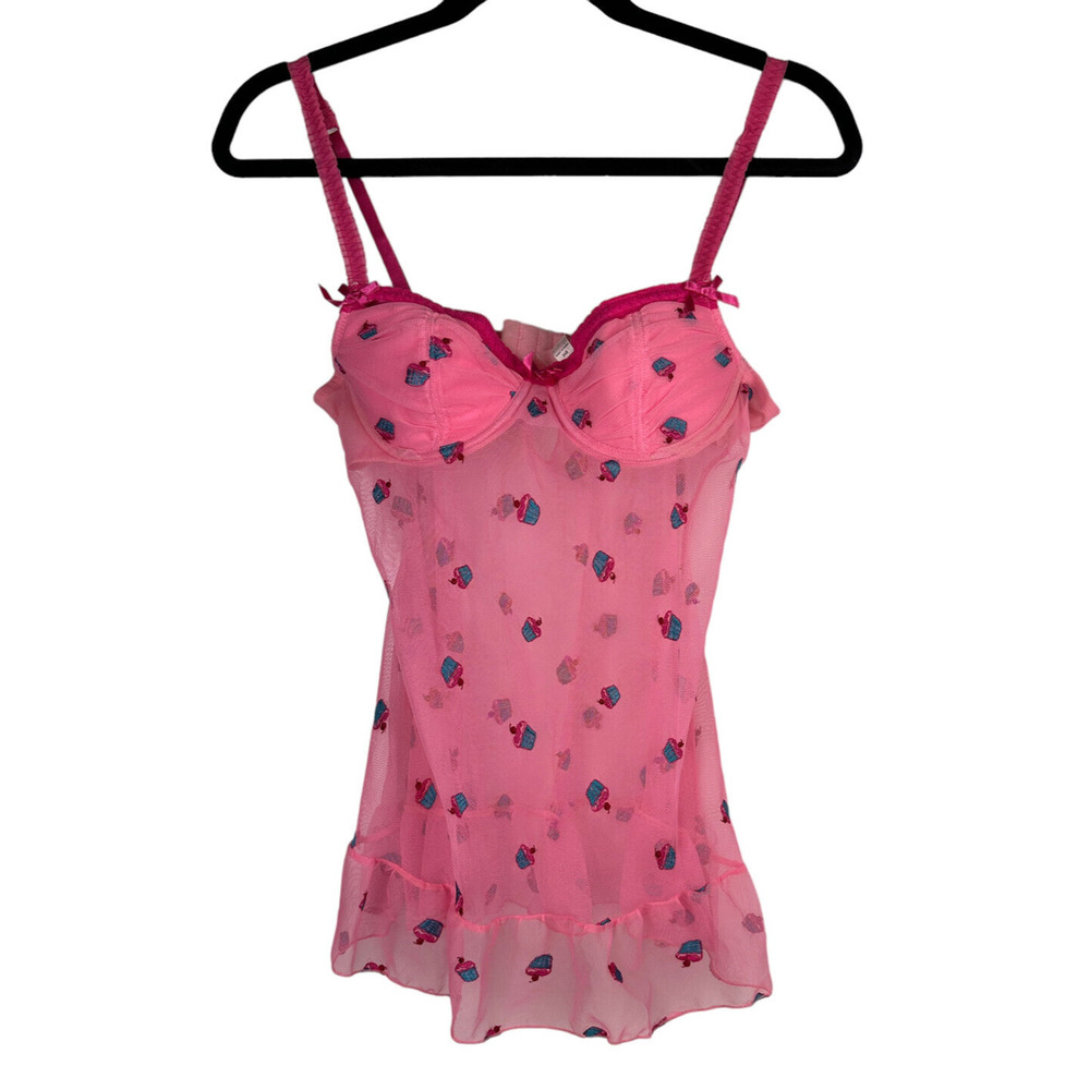 Victoria’s Secret Lingerie Chemise Pink Cupcakes Sheer Babydoll 34B Valentine - Picture 11 of 12